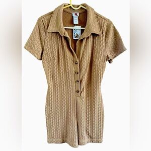 Tan Ribbed Button Down Romper with Notched Collar